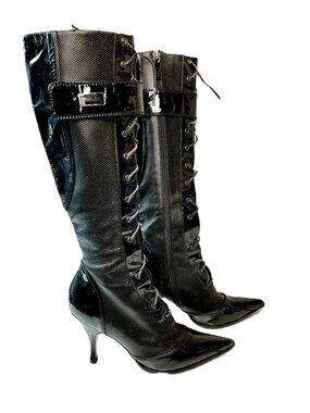 VNT Christian Dior Montaigne 1947 Black Patent Lace-Up Knee High Boots EU 38